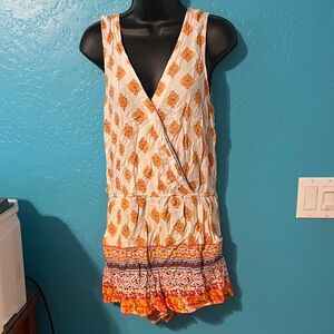 Sleeveless White & Orange Printed V-Neck Romper
